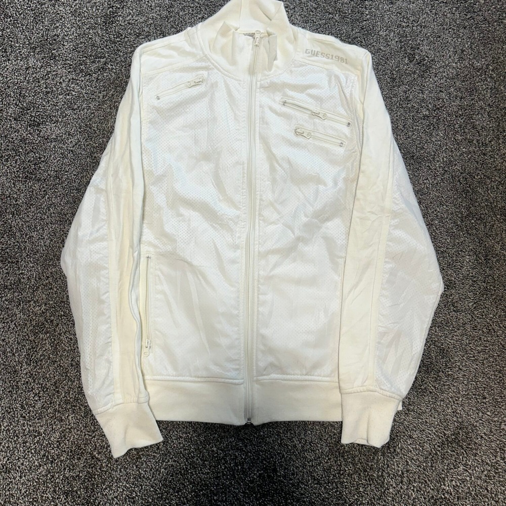 Guess Track Jacket Mens M Cream Excellent Perforated Mesh Full Zip Mock Neck